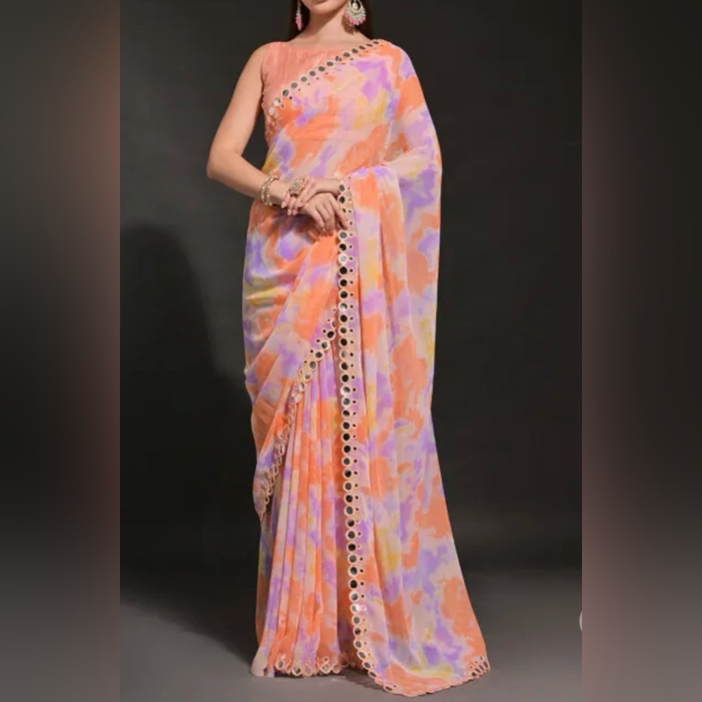 Vibrant Multicolor Saree with Mirrored Eyelet Detailing with Top